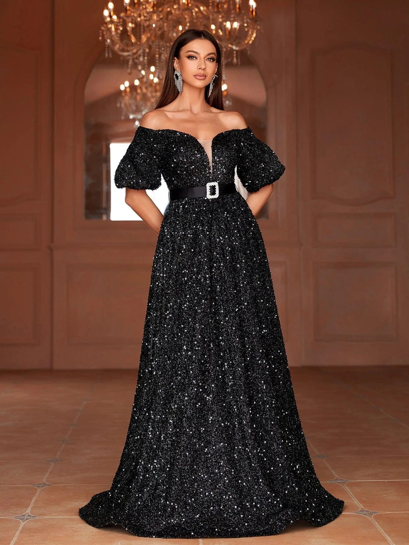 Off Shoulder Puff Sleeves Sequin A Line Dresses - Elonnashop