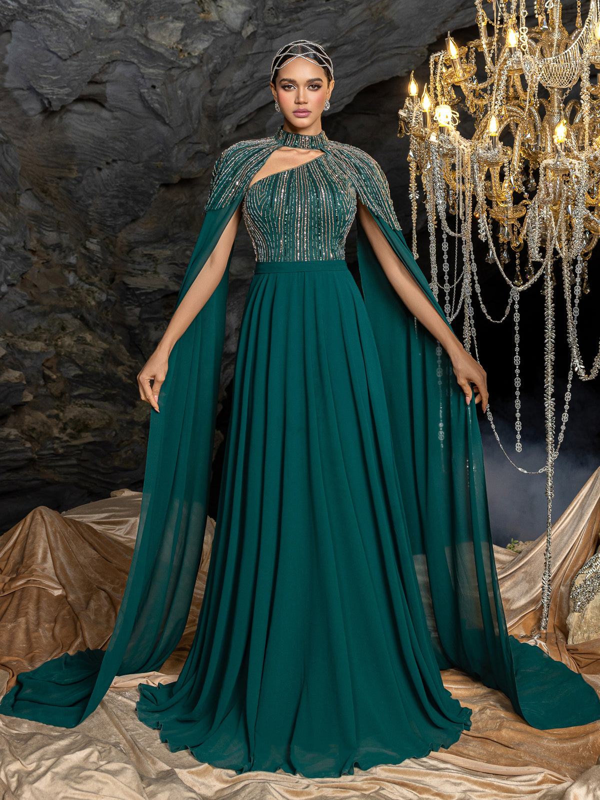 Gorgeous High Neck Chiffon Gown with Detachable Cape | Asymmetrical Cutout & Beaded Embroidery