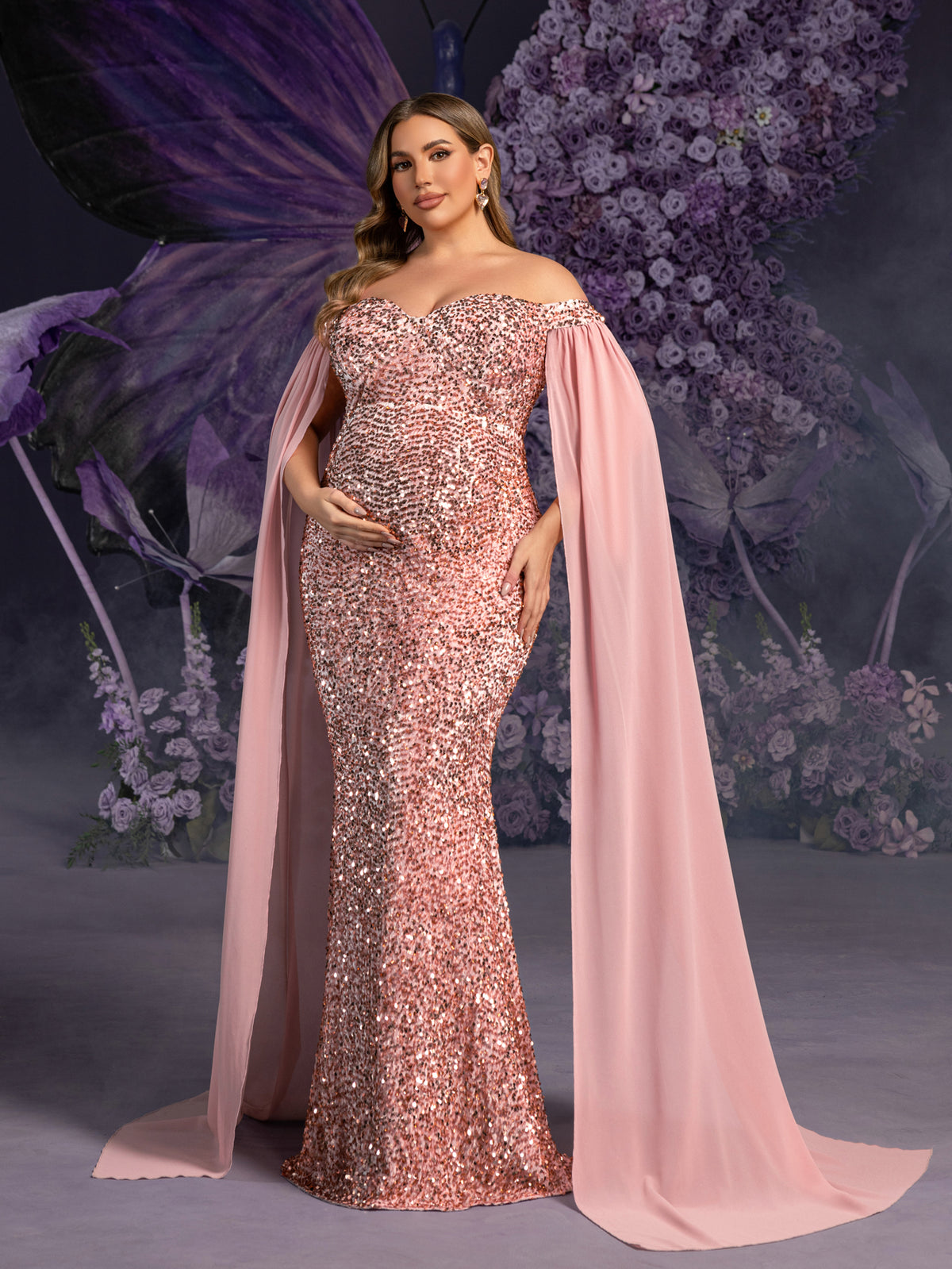 Plus Maternity  Off Shoulder Cape Sleeves Mermaid Hem Sequin Formal Dress