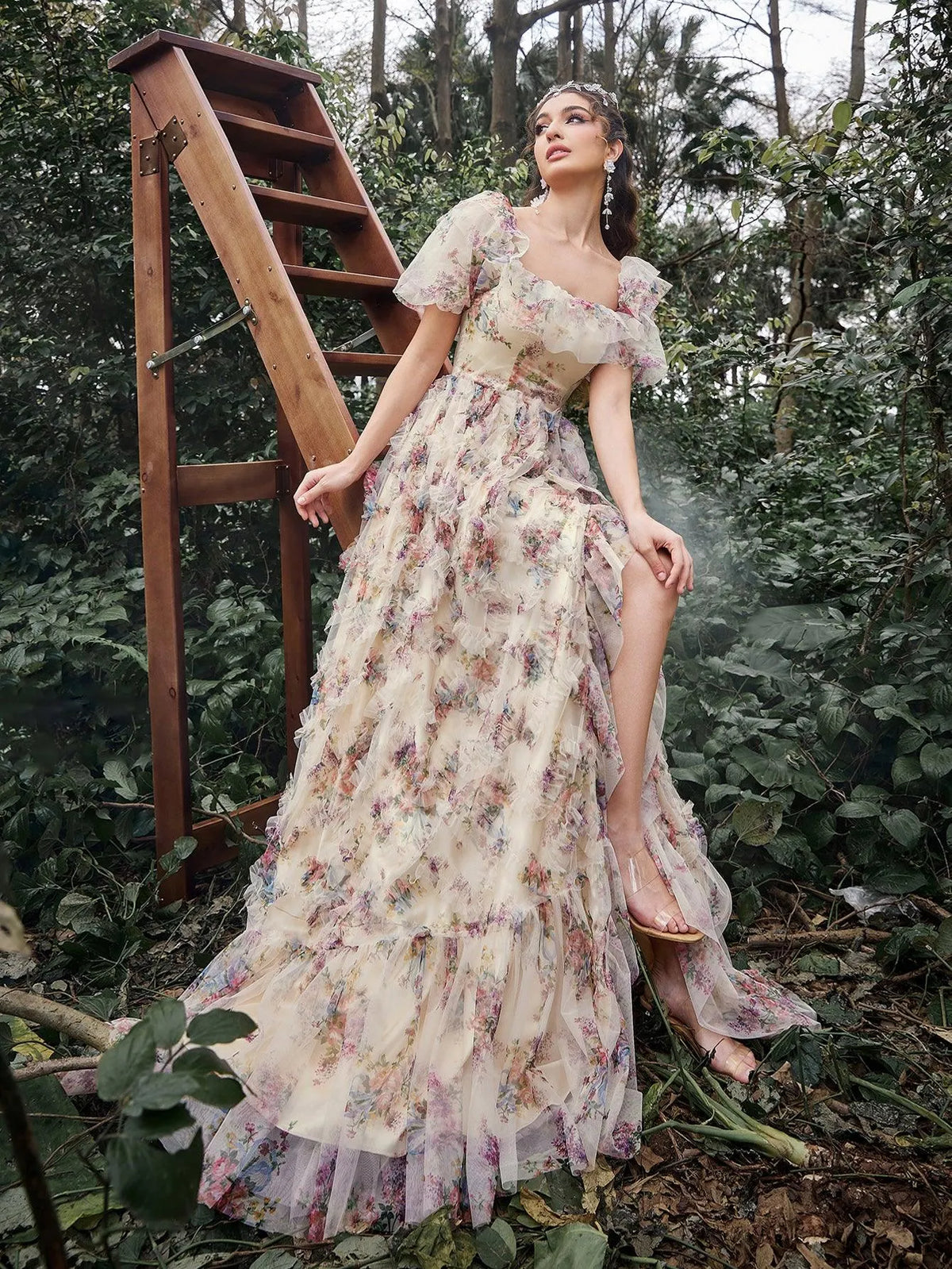 Elegant Ruffle Trim Puff Sleeves Floral Organza Prom Dress - Elonnashop