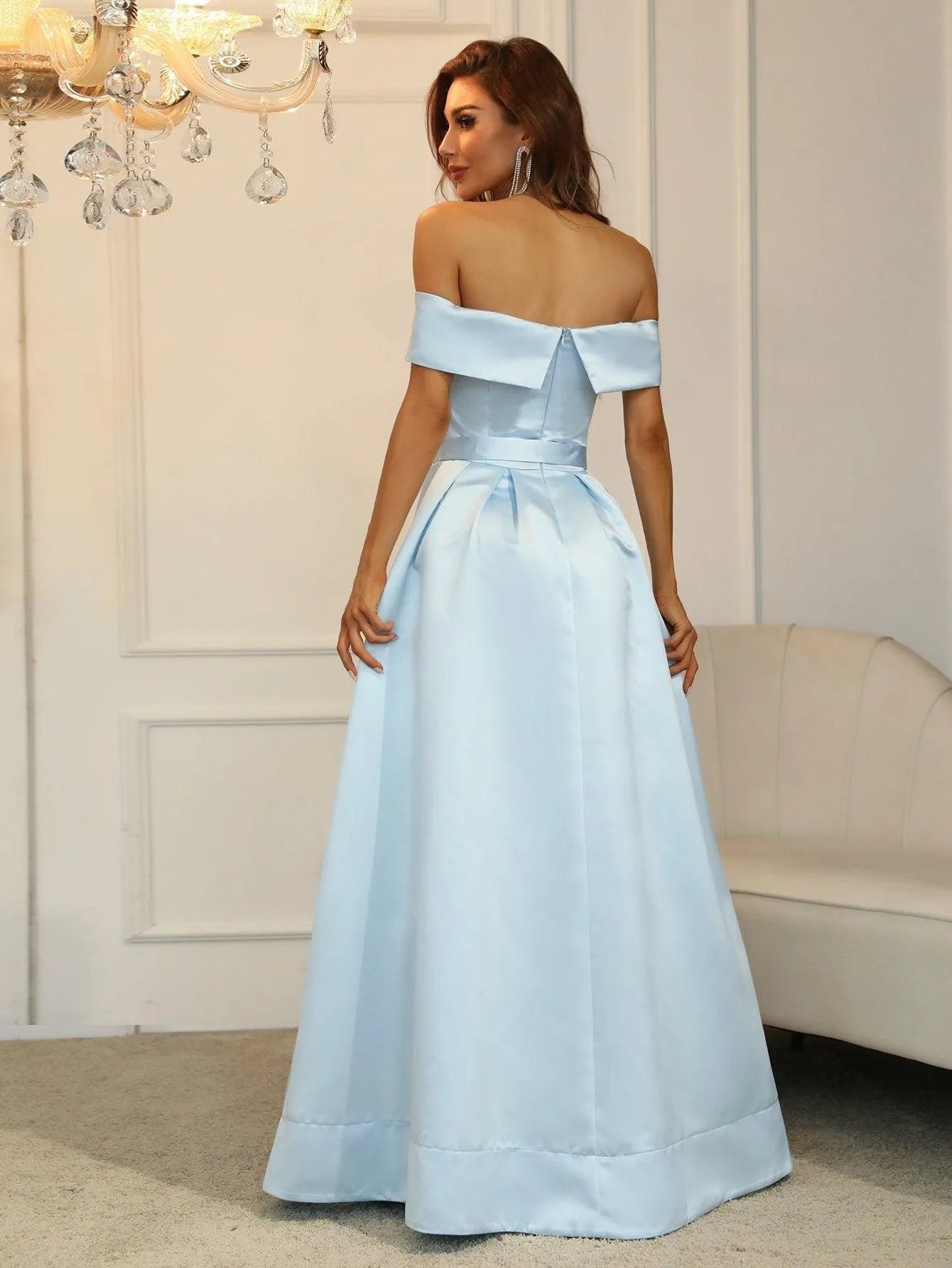 Off Shoulder Buckle Belted Satin Ball Gown - Elonnashop