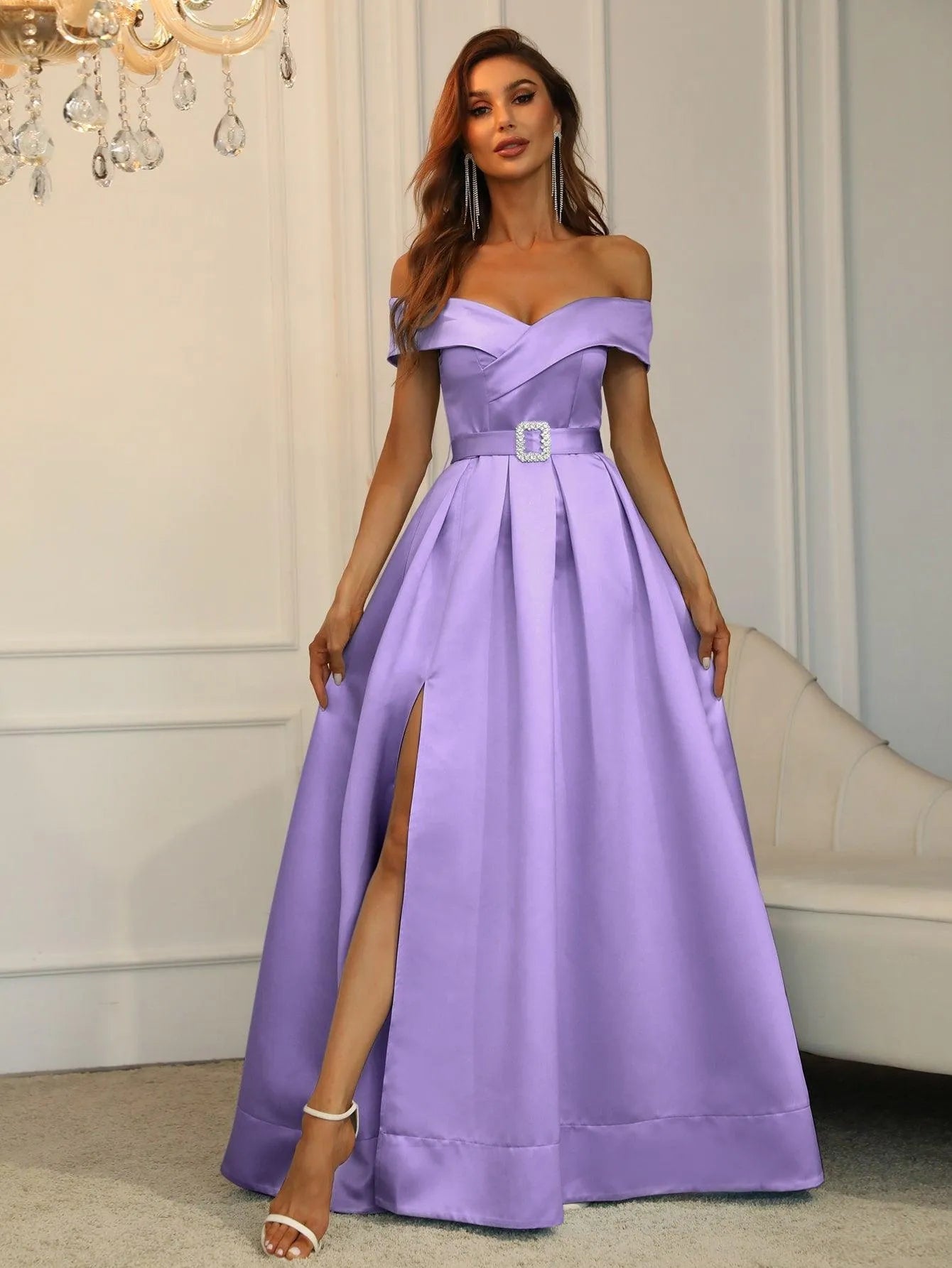 Off Shoulder Buckle Belted Satin Ball Gown - Elonnashop
