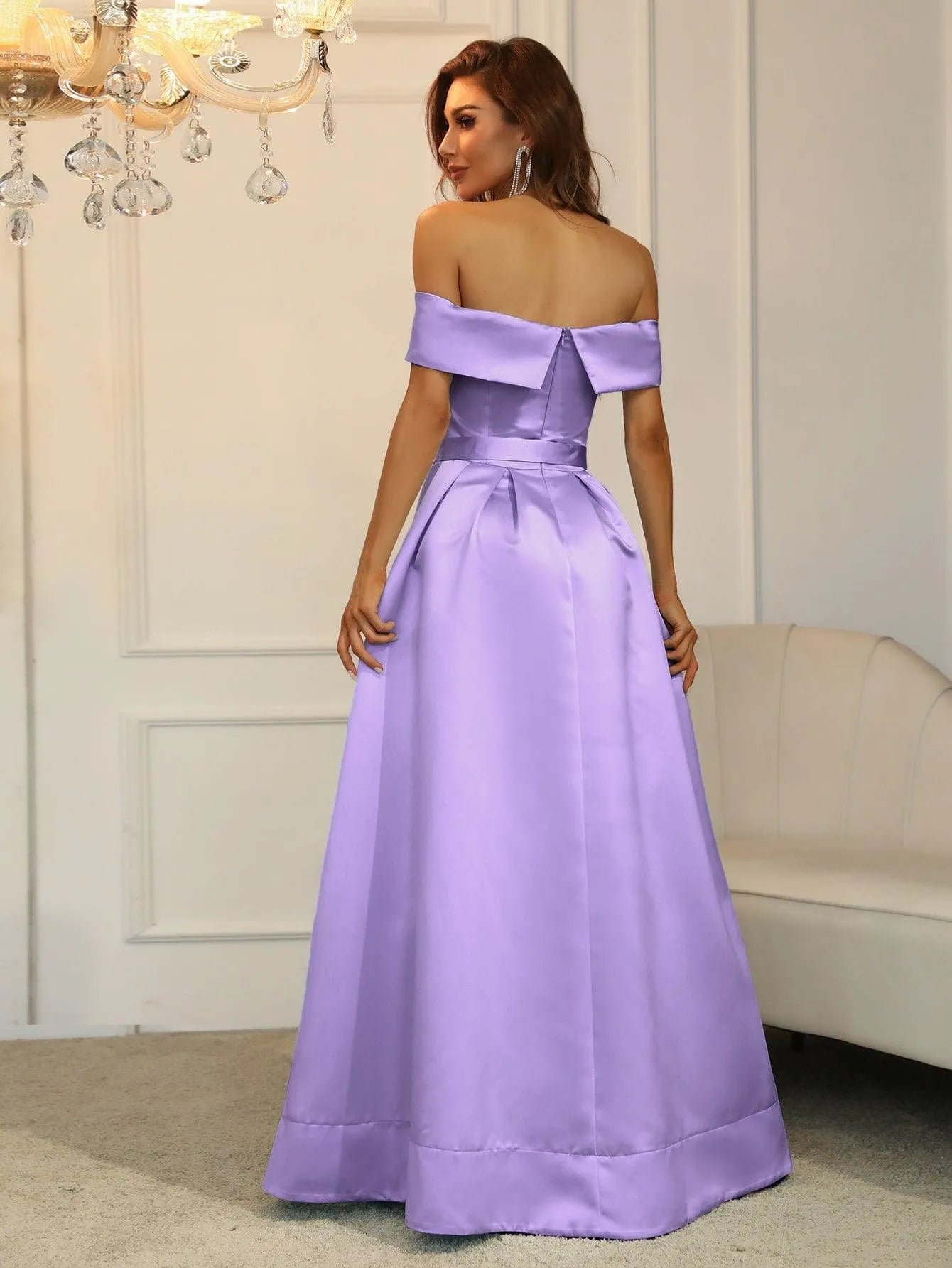 Off Shoulder Buckle Belted Satin Ball Gown - Elonnashop