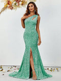 One Shoulder Cut Out Split Thigh Sequin Mermaid Dresses - Elonnashop