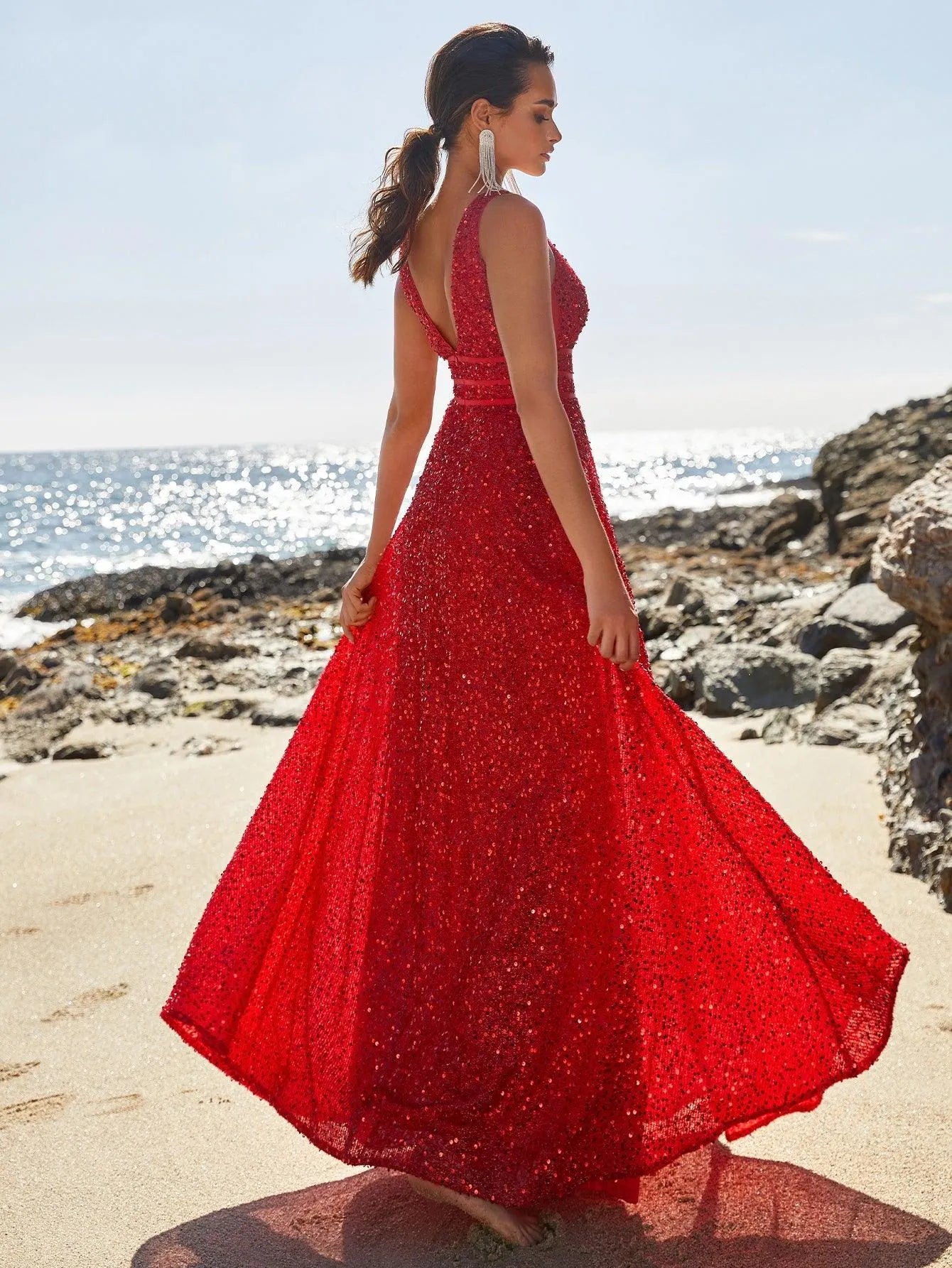 Elegant Deep V Neck Sequin A Line Prom Dresses - Elonnashop