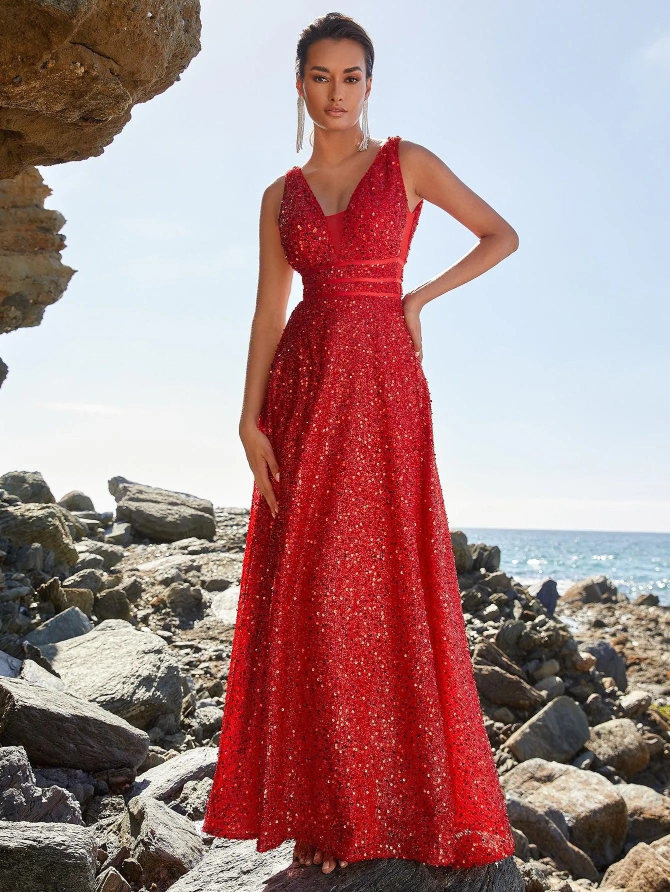 Elegant Deep V Neck Sequin A Line Prom Dresses - Elonnashop