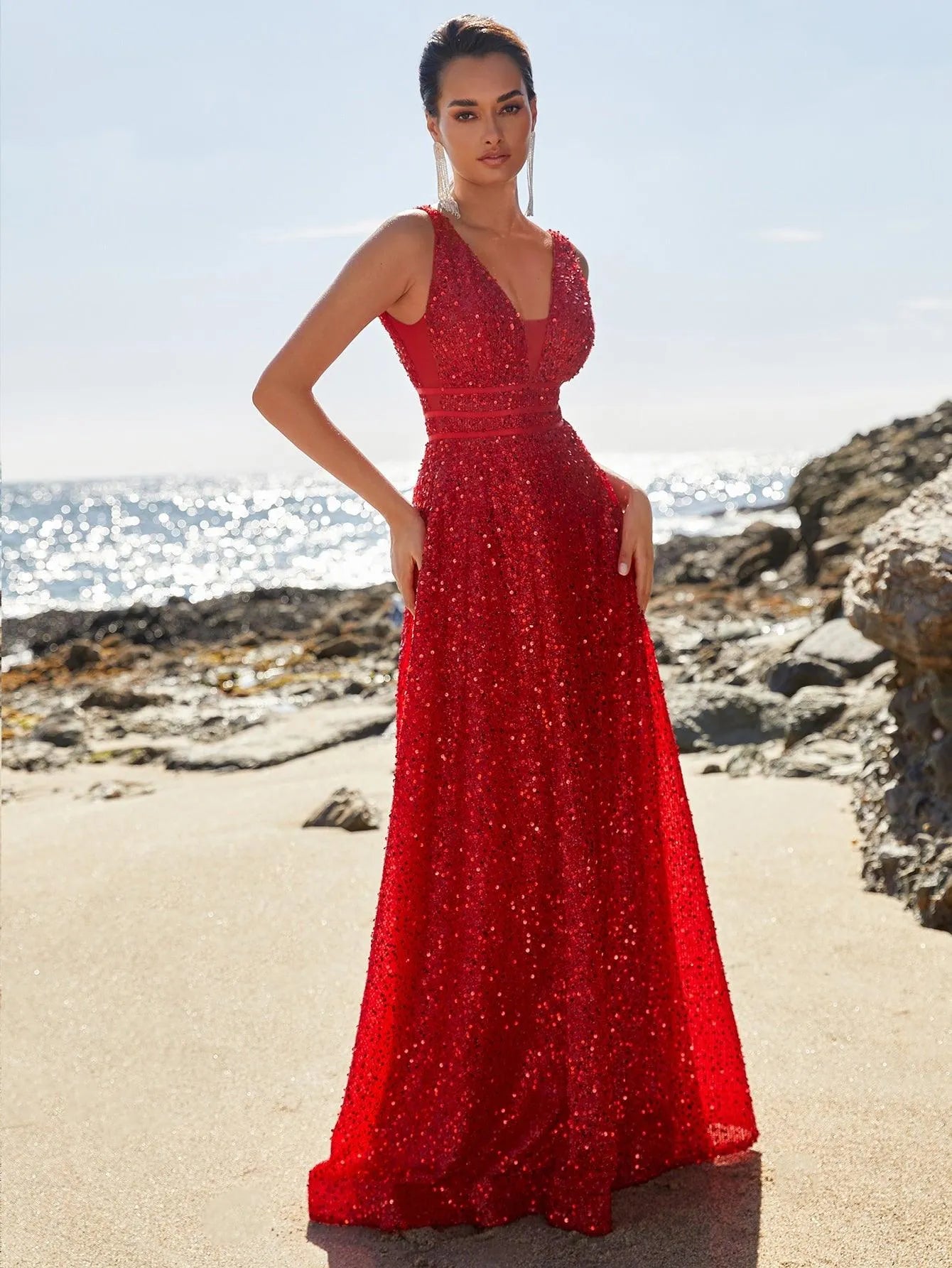 Elegant Deep V Neck Sequin A Line Prom Dresses - Elonnashop