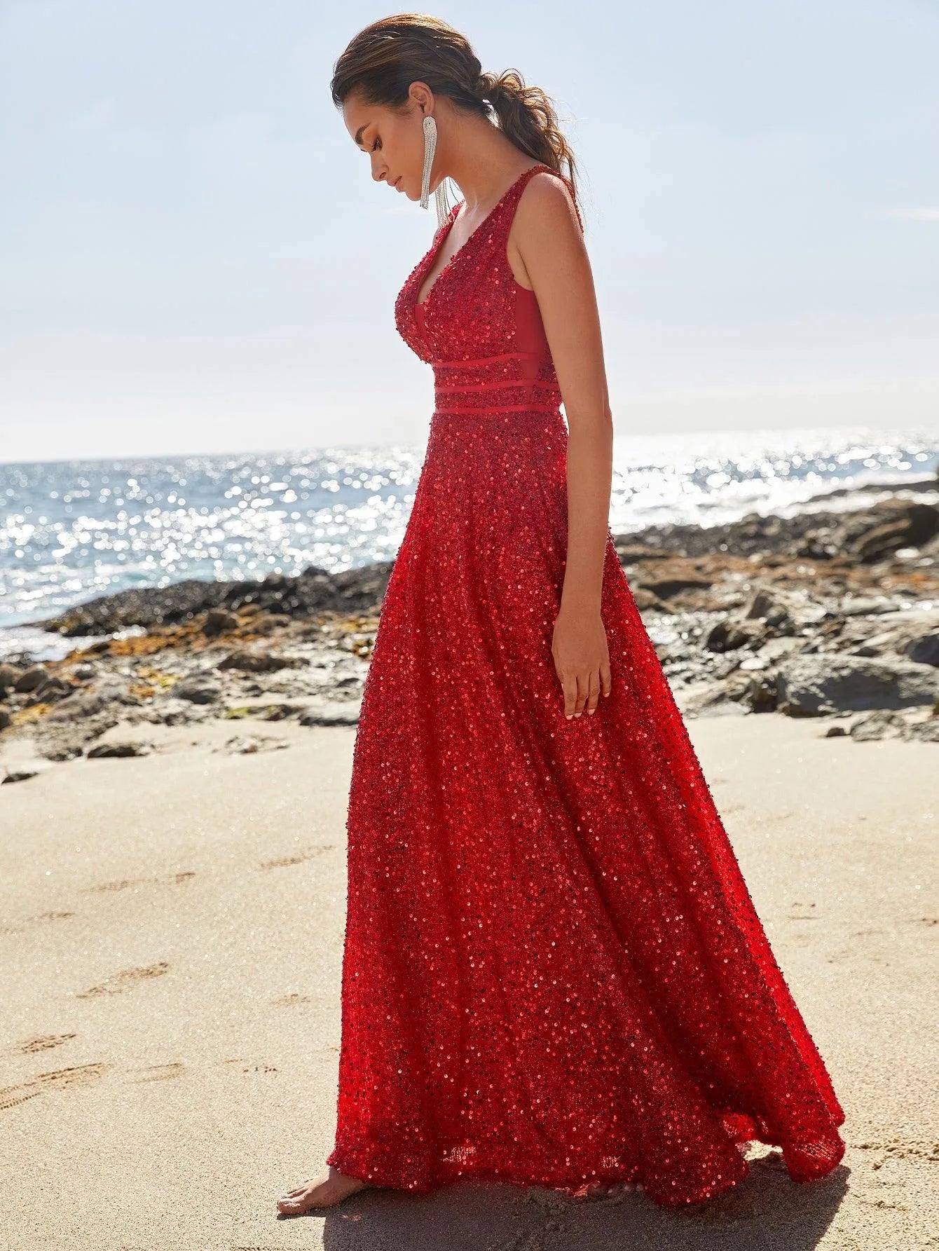 Elegant Deep V Neck Sequin A Line Prom Dresses - Elonnashop