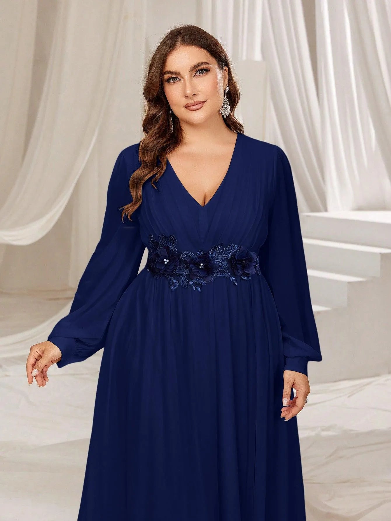 Plus Floral Applique Lantern Sleeves Chiffon Formal Dress - Elonnashop