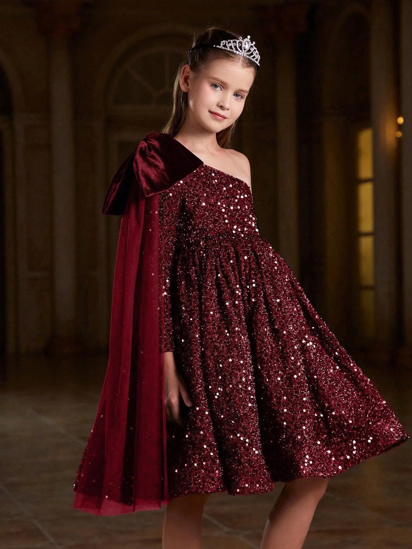 Tween Girls' One Shoulder Bow Detail Sequin Party Dress - Elonnashop