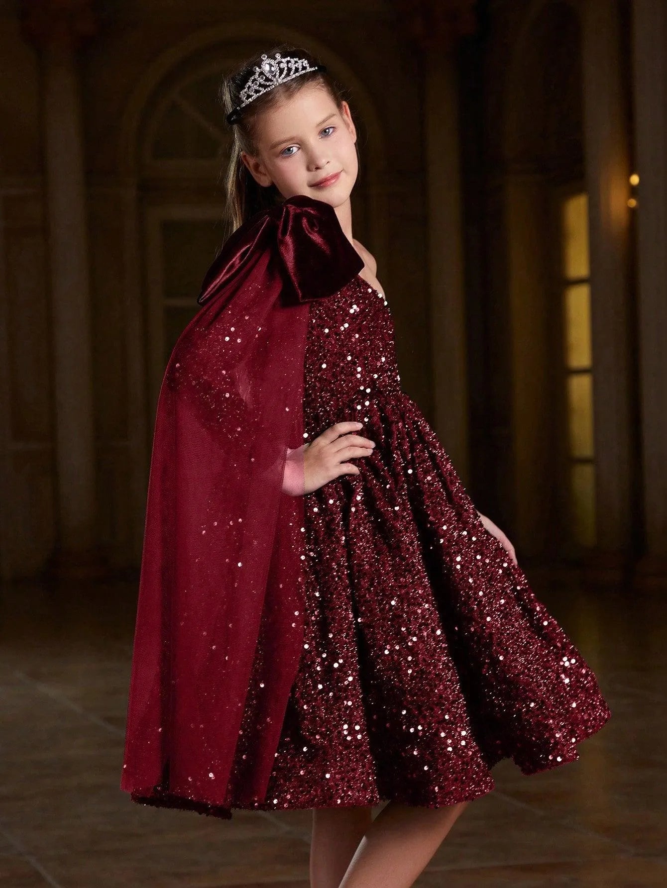 Tween Girls' One Shoulder Bow Detail Sequin Party Dress - Elonnashop