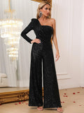 One Shoulder Sequin Long Sleeve Wide Leg Jumpsuit - Elonnashop