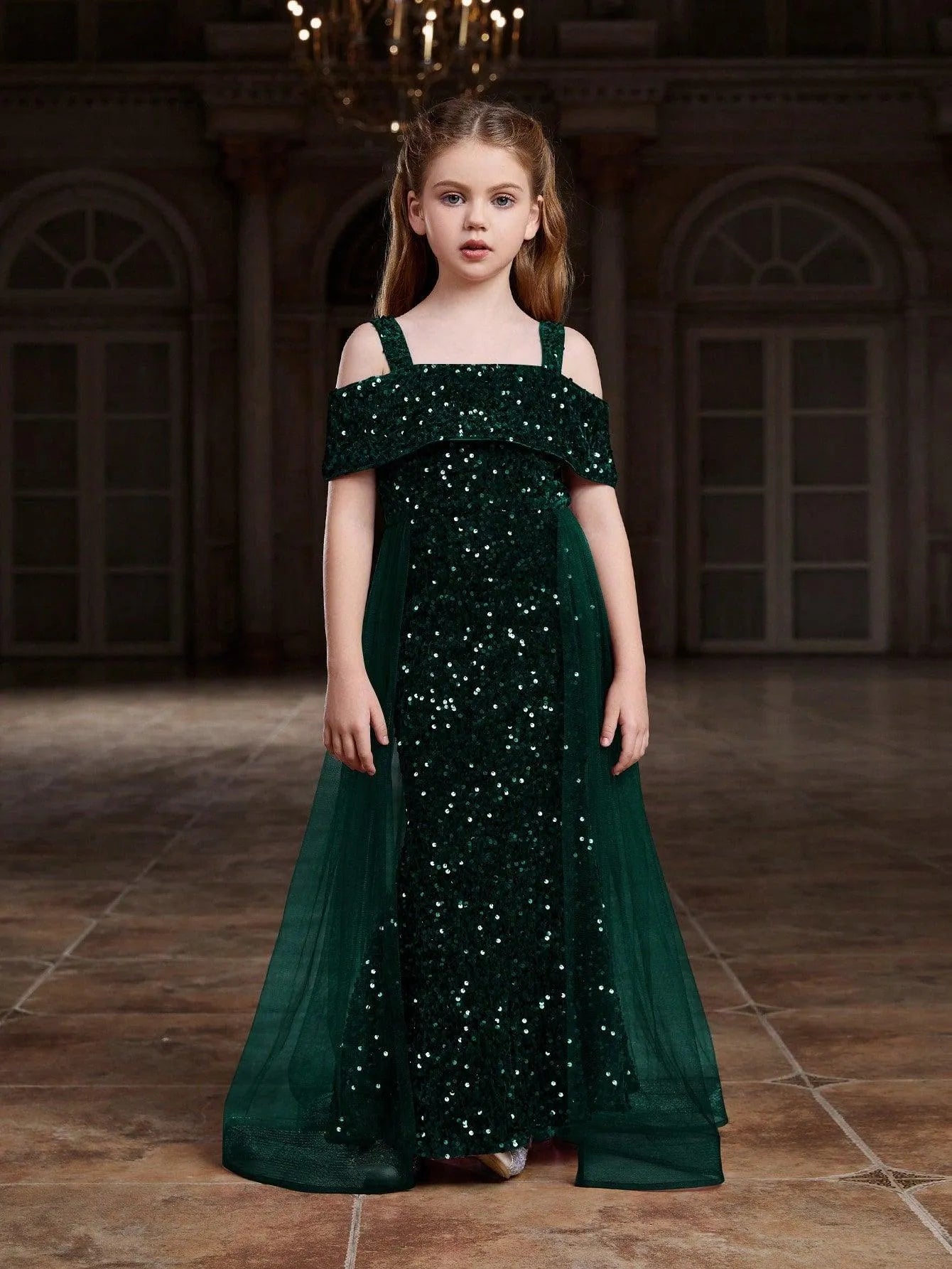 Tween Girls' Off Shoulder Mesh Overlay Sequin Dress - Elonnashop