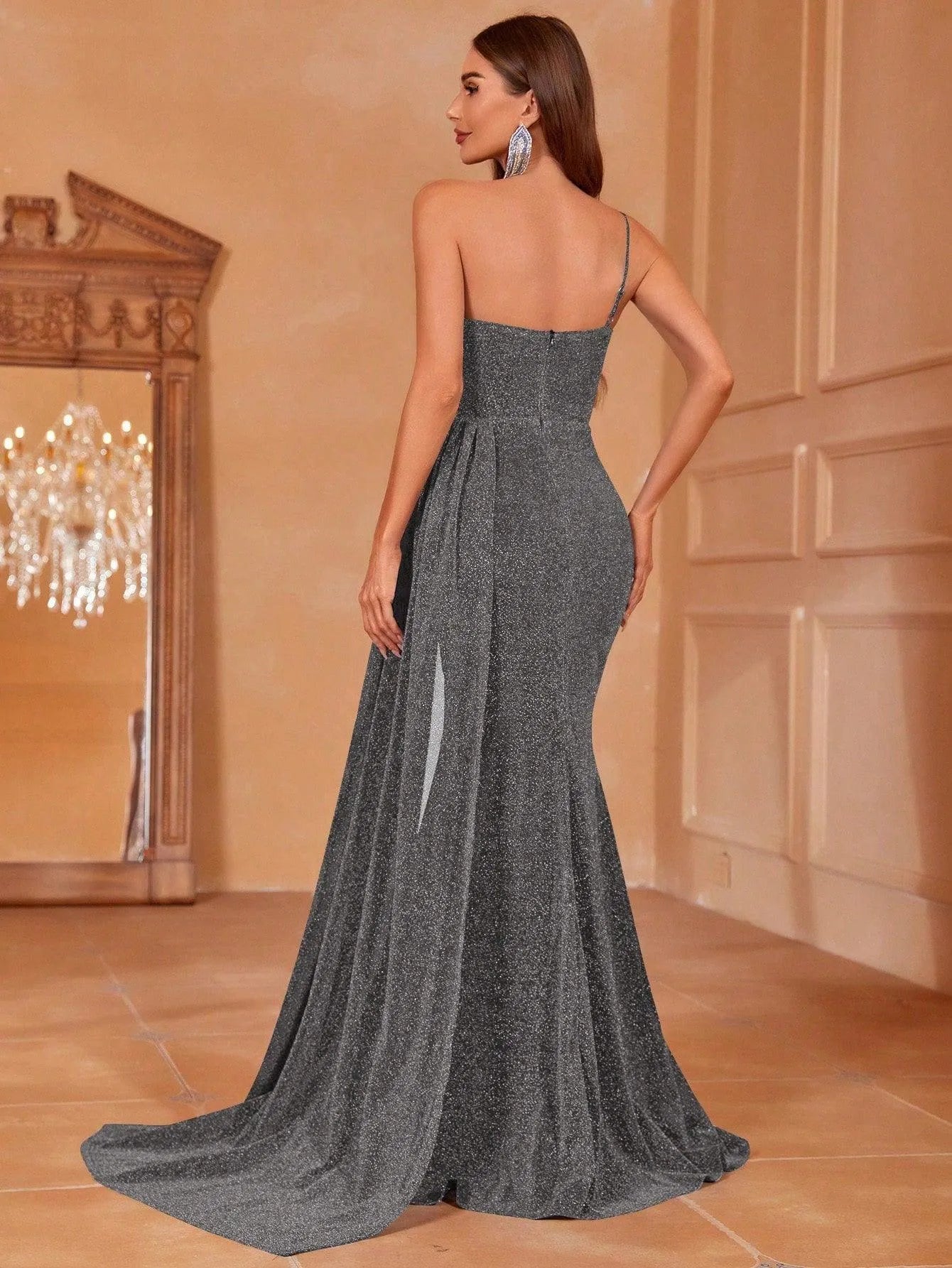 Glitter One Shoulder Split Thigh Draped Side Party Dress - Elonnashop