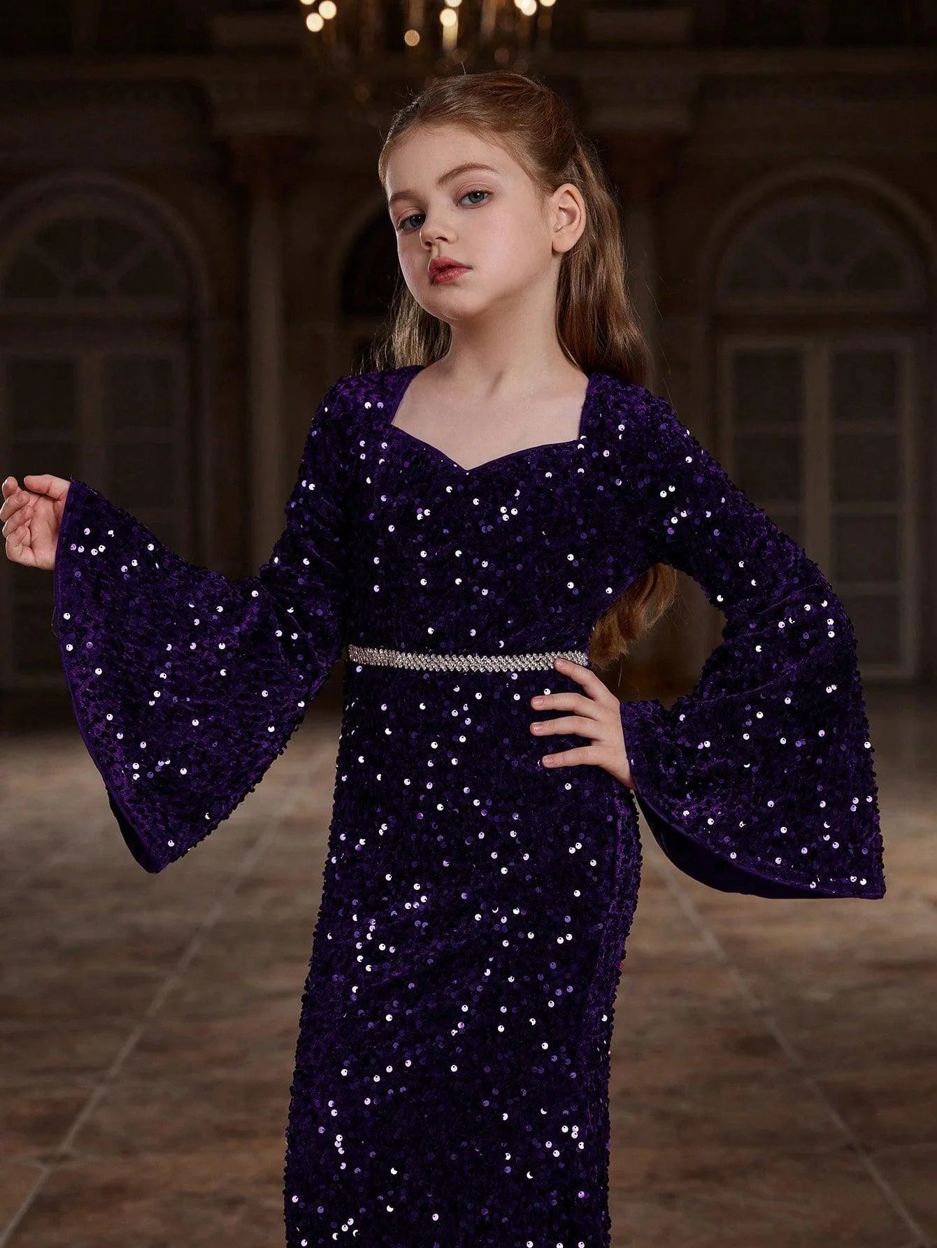 Tween Girls' Sweetheart Collar Bell Sleeves Sequin Mermaid Dress - Elonnashop