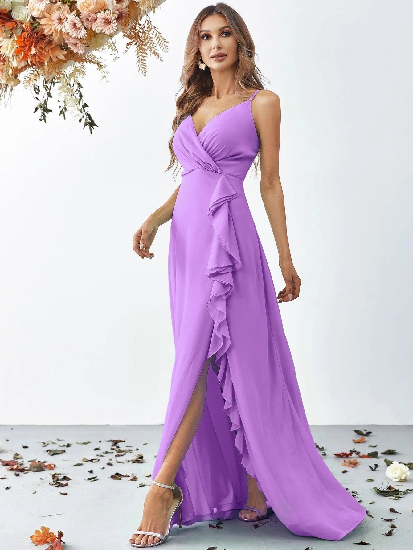 Elegant V Neck Sleeveless Ruffle Slit Chiffon A Line Dresses - Elonnashop