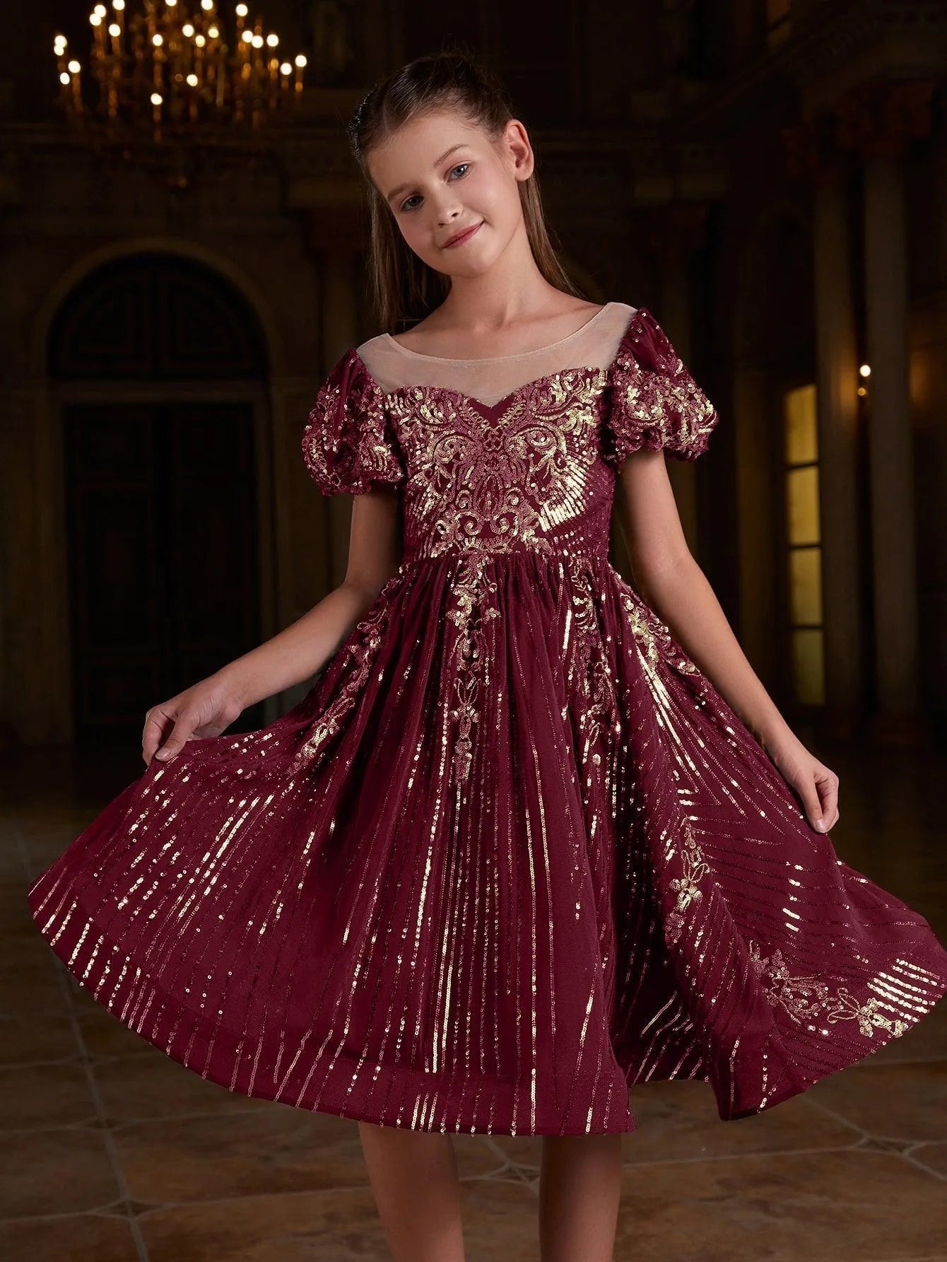 Tween Girls' Puff Sleeve Graphic Sequin Party Dress - Elonnashop