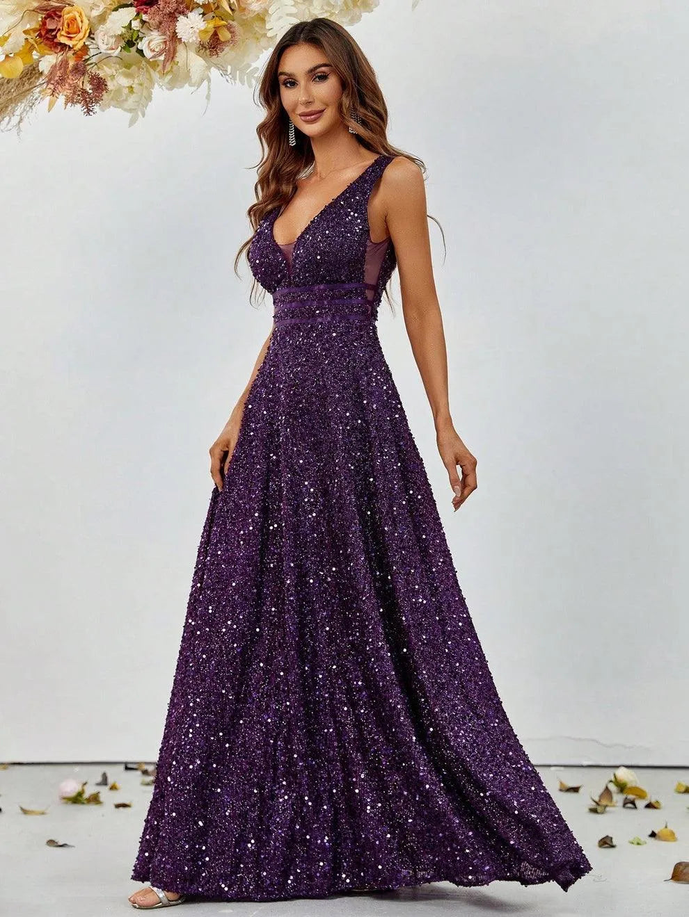 Elegant Deep V Neck Sequin A Line Prom Dresses - Elonnashop