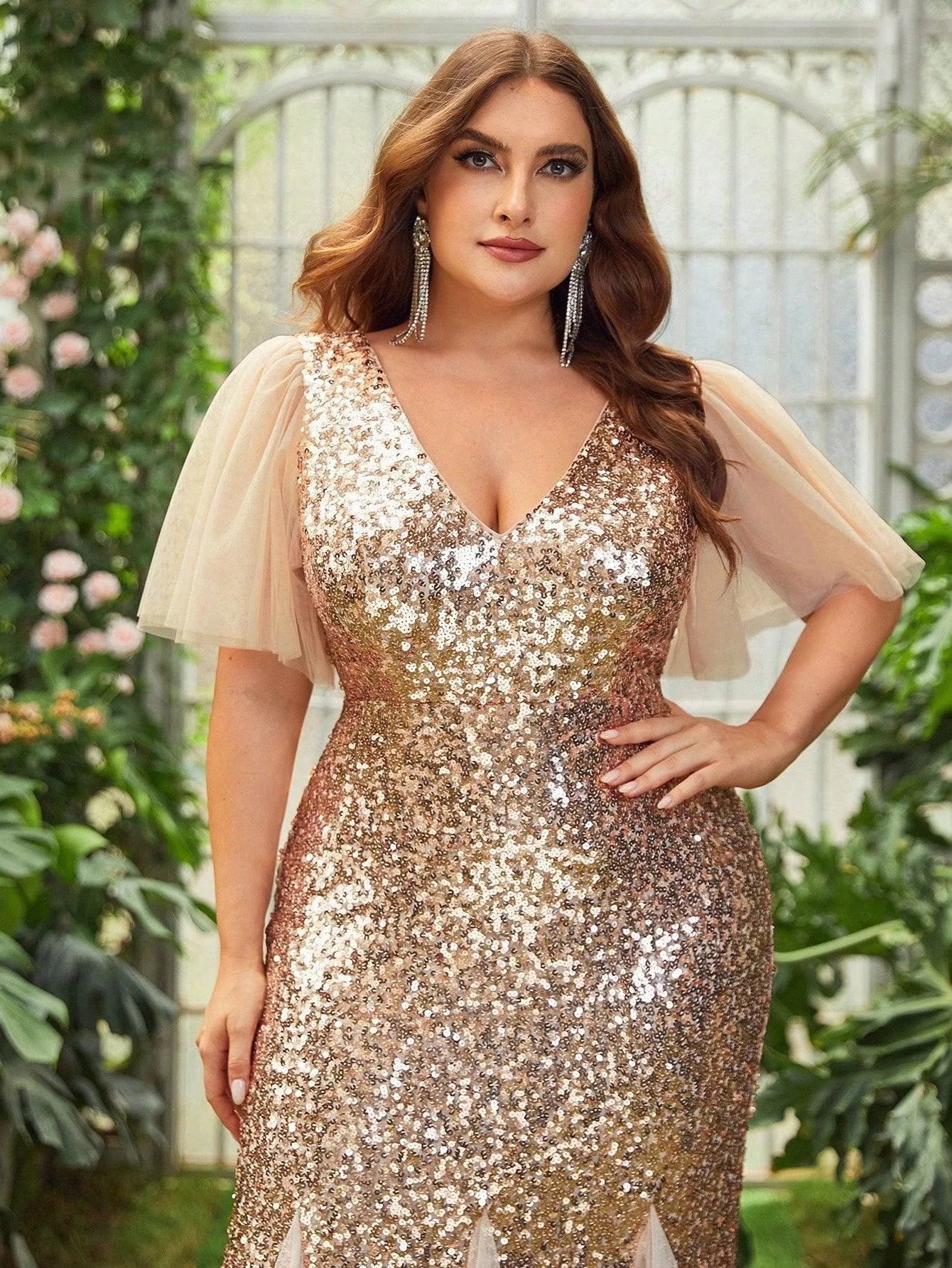 Plus Mesh Mermaid Hem Sequin Formal Dress - Elonnashop