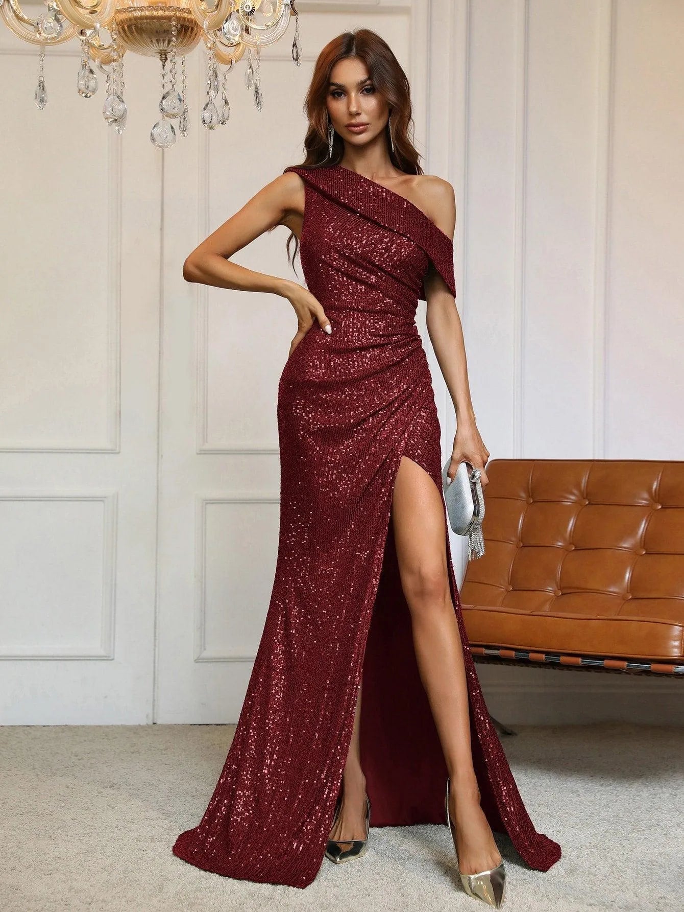One-Shoulder Sequined Gown with Thigh-High Slit - Elonnashop
