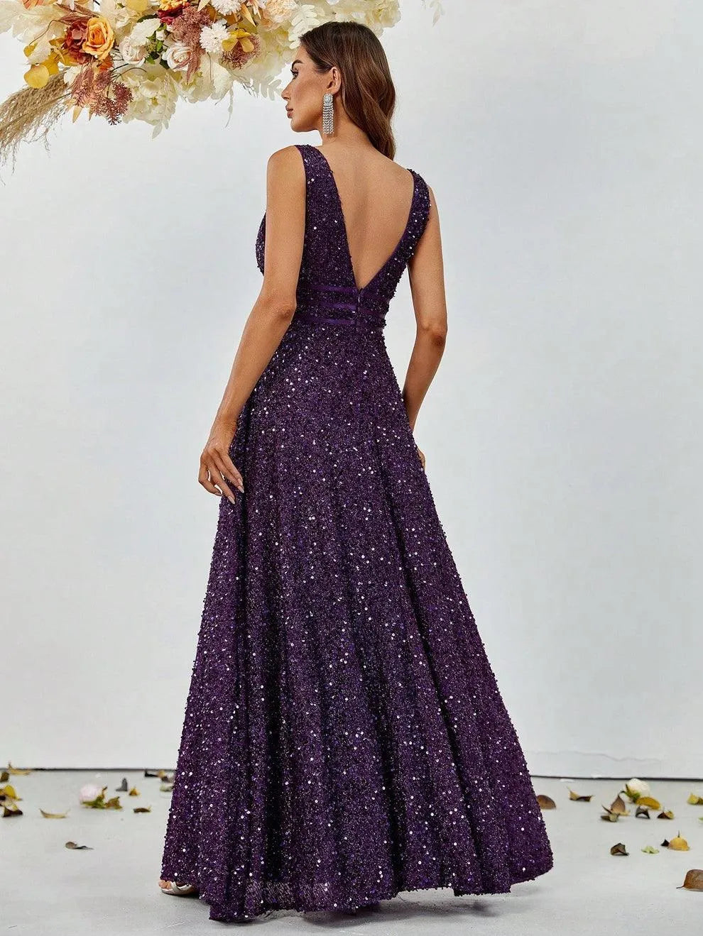 Elegant Deep V Neck Sequin A Line Prom Dresses - Elonnashop