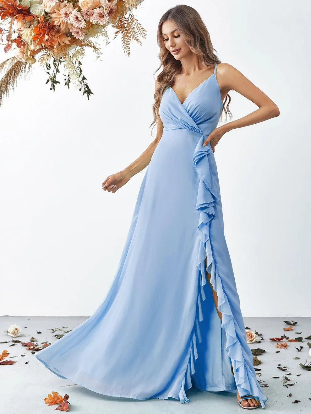 Elegant V Neck Sleeveless Ruffle Slit Chiffon A Line Dresses - Elonnashop
