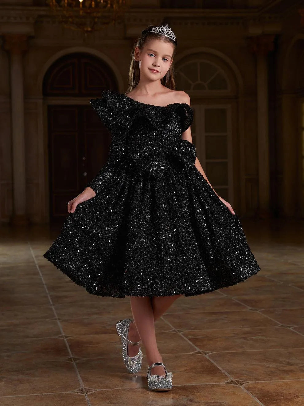 Tween Girls' One Shoulder Layered Ruffle Trim Sequin Party Dress - Elonnashop