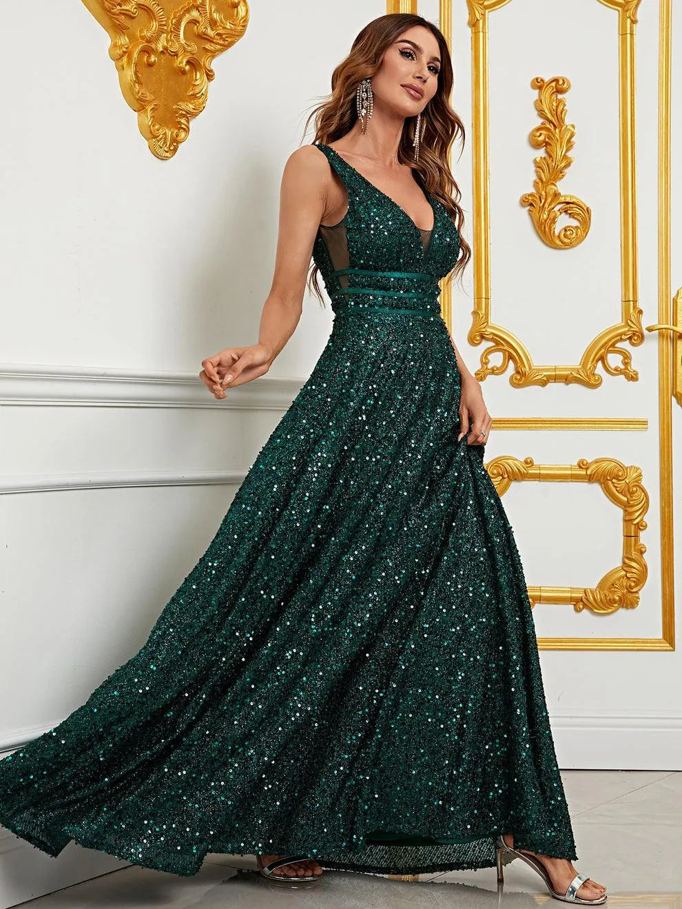 Elegant Deep V Neck Sequin A Line Prom Dresses - Elonnashop
