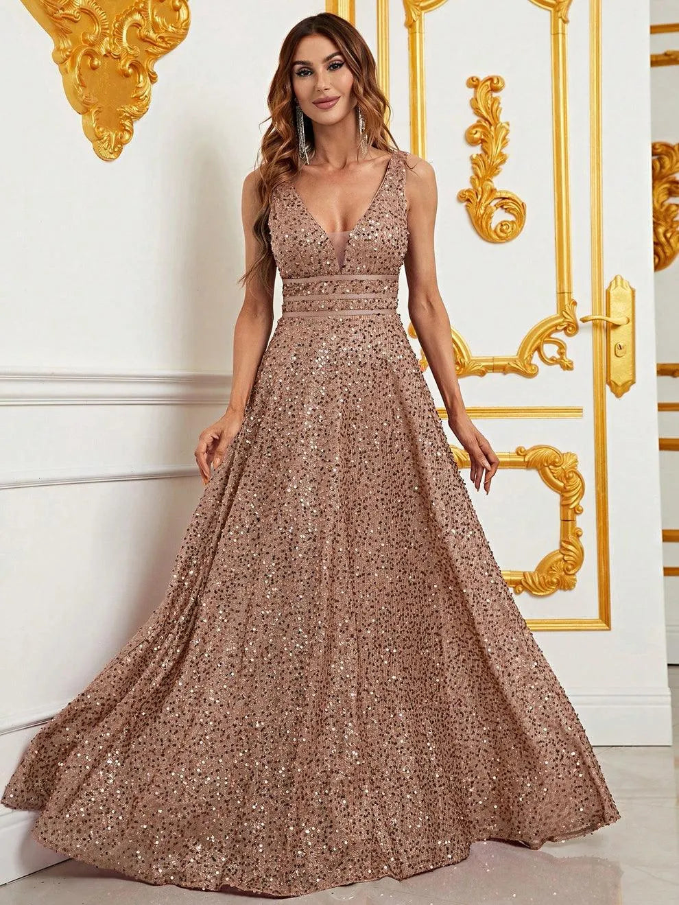 Elegant Deep V Neck Sequin A Line Prom Dresses - Elonnashop