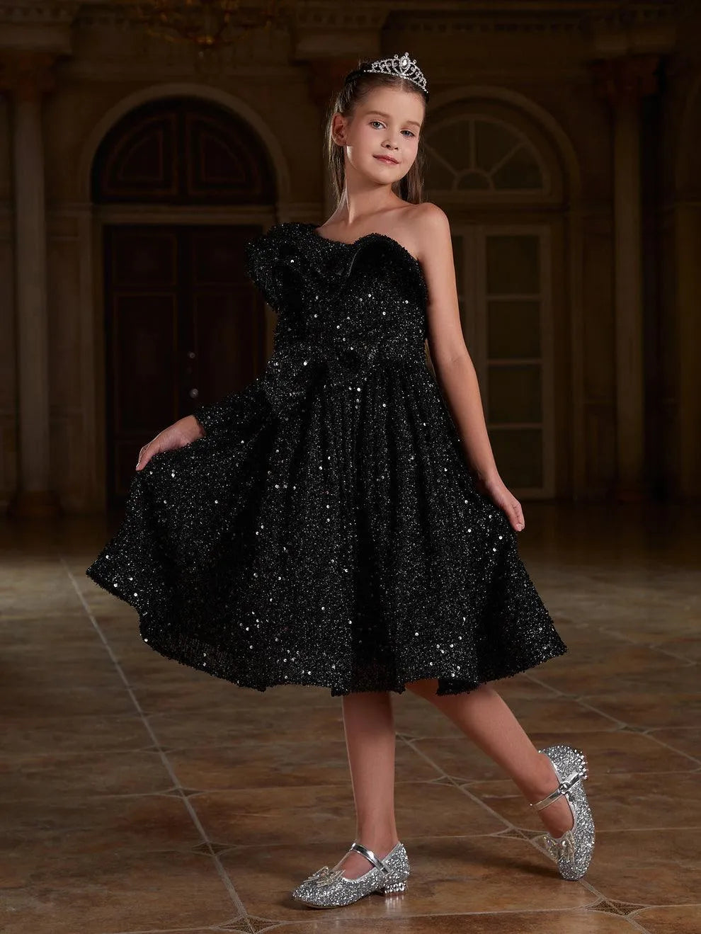 Tween Girls' One Shoulder Layered Ruffle Trim Sequin Party Dress - Elonnashop
