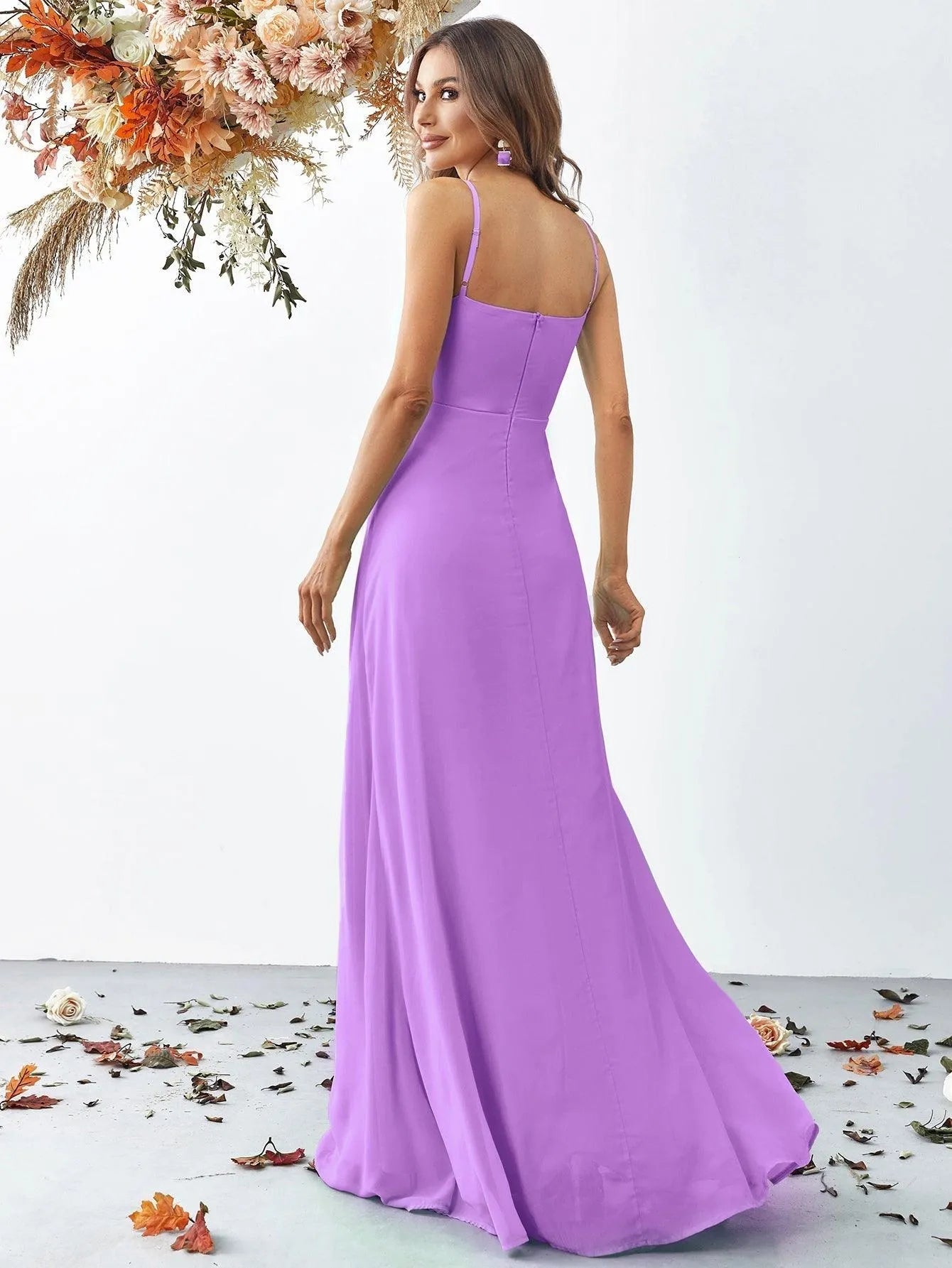 Elegant V Neck Sleeveless Ruffle Slit Chiffon A Line Dresses - Elonnashop