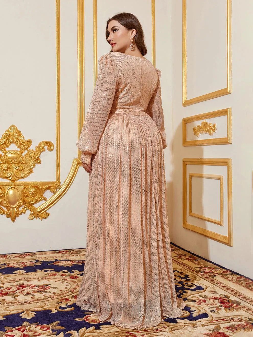 Plus V Neck Lantern Sleeve Sequin A Line Dresses - Elonnashop