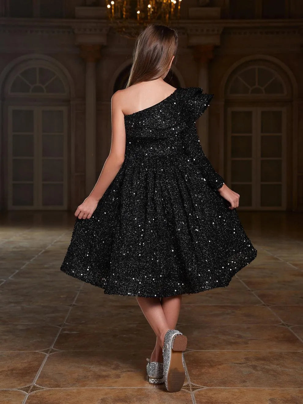 Tween Girls' One Shoulder Layered Ruffle Trim Sequin Party Dress - Elonnashop