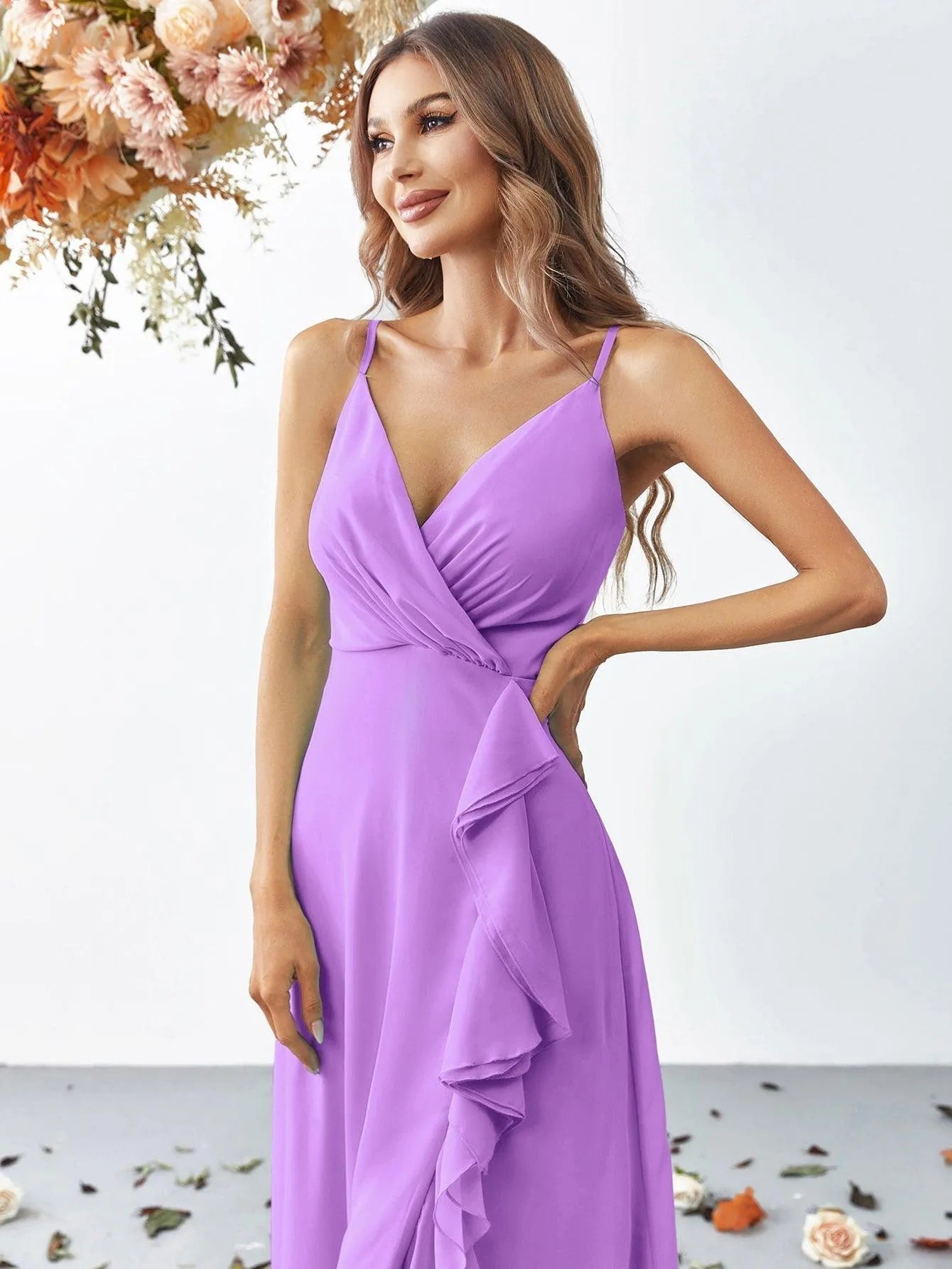 Elegant V Neck Sleeveless Ruffle Slit Chiffon A Line Dresses - Elonnashop