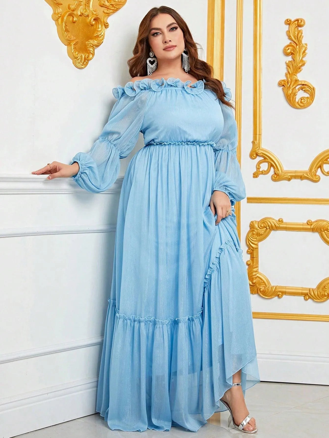 Plus Off Shoulder Ruffle Trim Chiffon Dress - Elonnashop