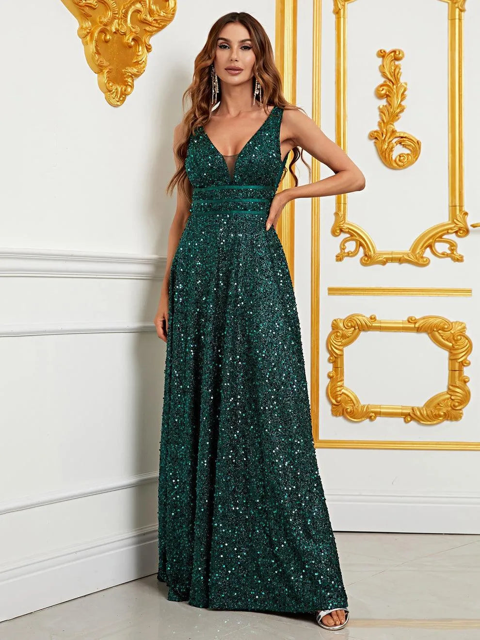 Elegant Deep V Neck Sequin A Line Prom Dresses - Elonnashop