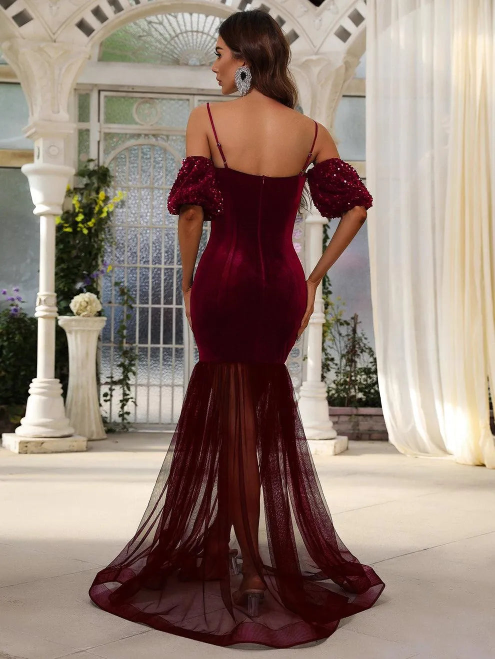 Spaghetti Strap Lantern Sleeves Velvet Mermaid Dresses - Elonnashop