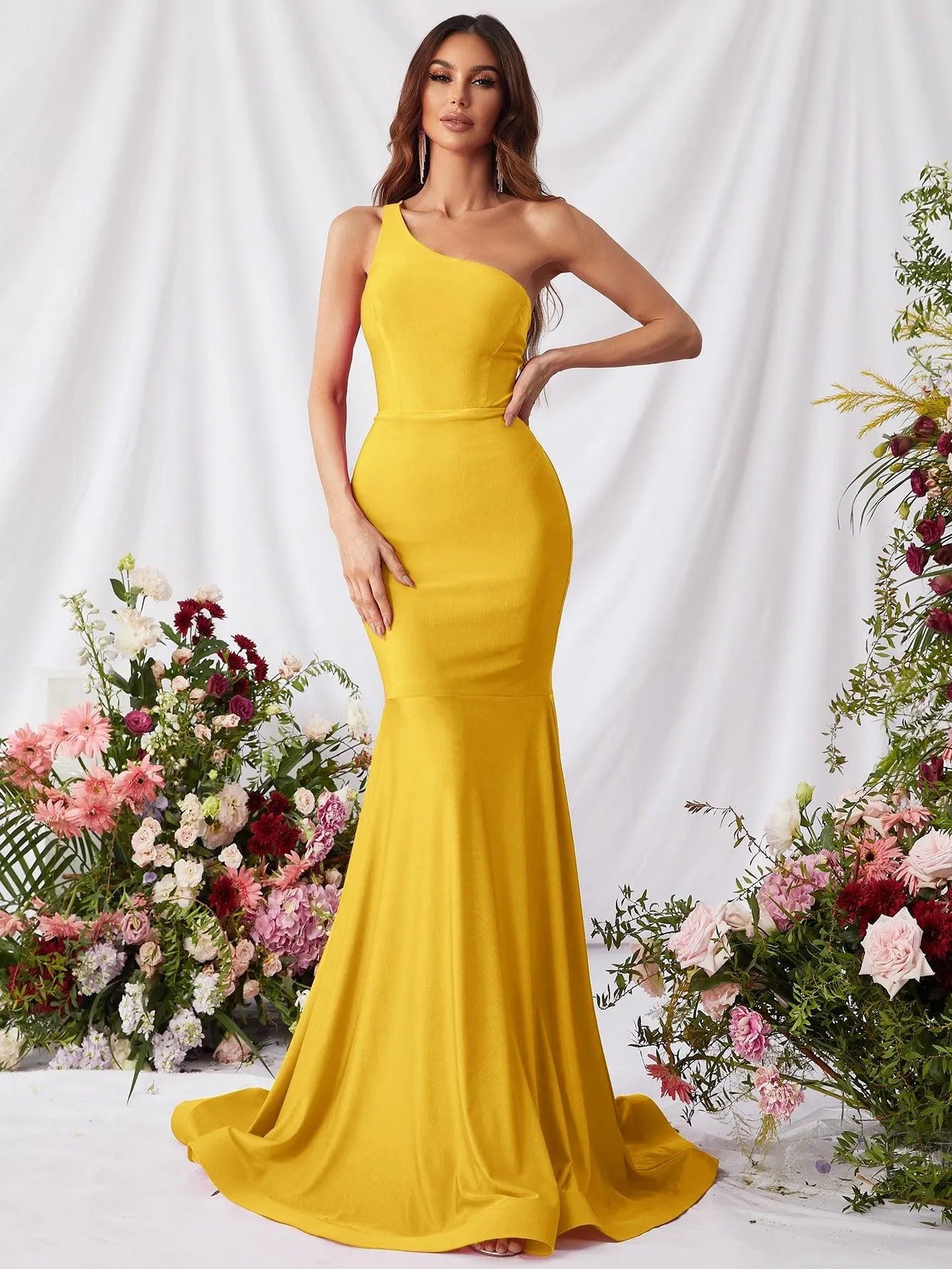 Elegant One Shoulder Mermaid Hem Formal Dresses - Elonnashop