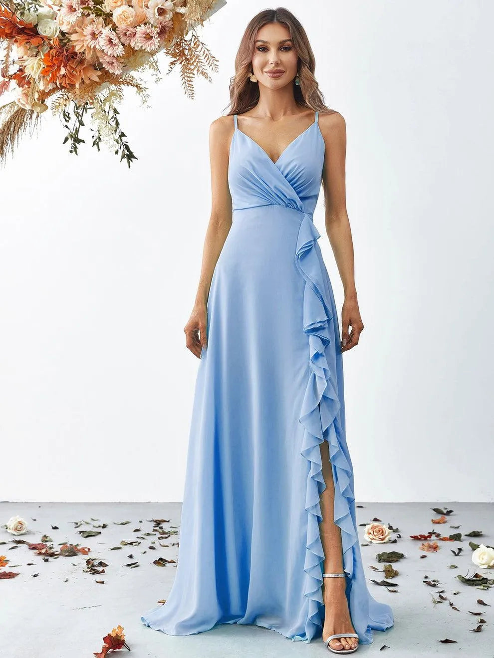 Elegant V Neck Sleeveless Ruffle Slit Chiffon A Line Dresses - Elonnashop
