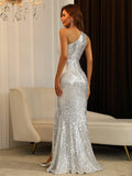 One Shoulder Split Thigh Sparkly Party Dress - Elonnashop