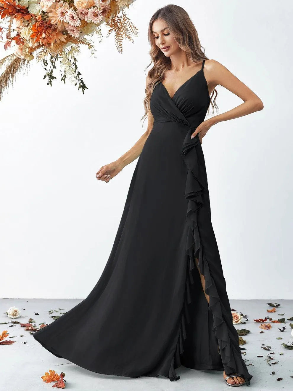 Elegant V Neck Sleeveless Ruffle Slit Chiffon A Line Dresses - Elonnashop