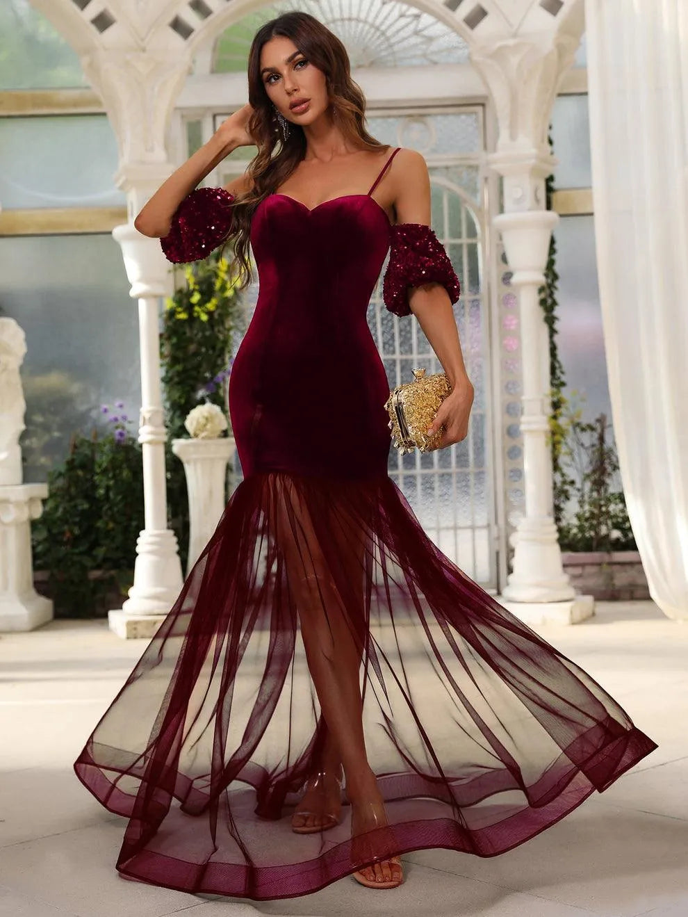 Spaghetti Strap Lantern Sleeves Velvet Mermaid Dresses - Elonnashop