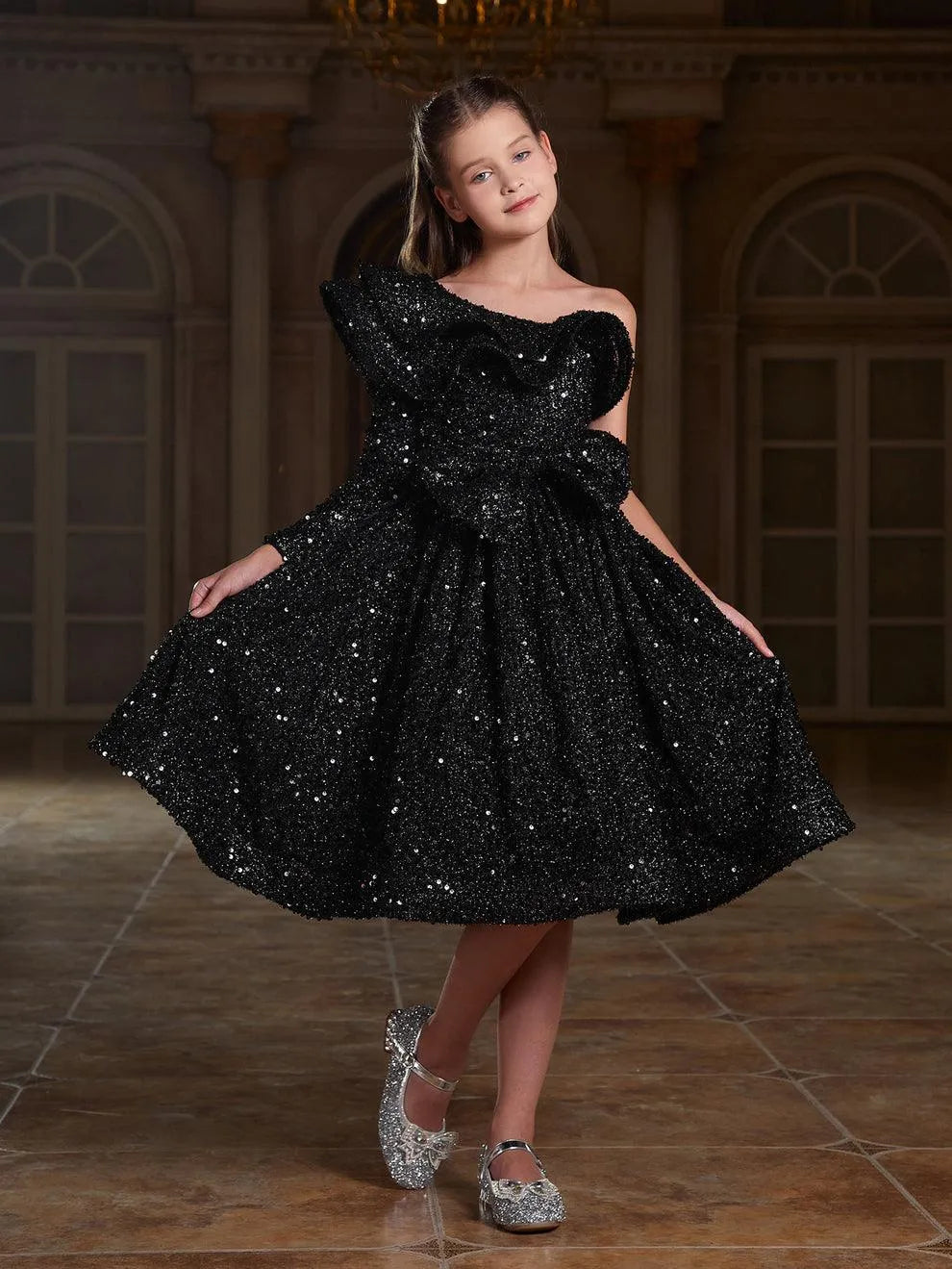 Tween Girls' One Shoulder Layered Ruffle Trim Sequin Party Dress - Elonnashop
