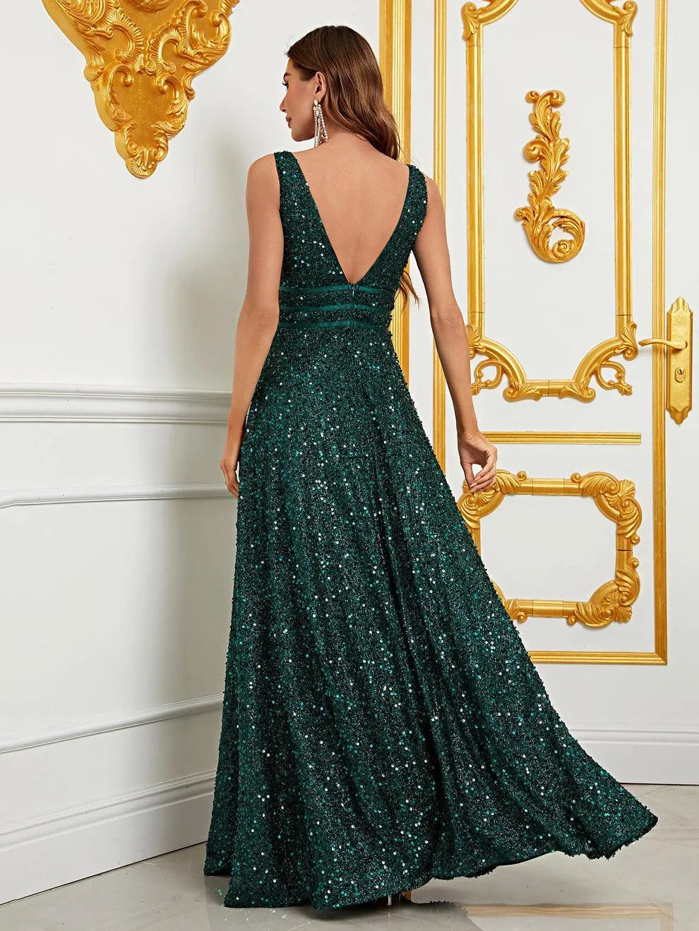Elegant Deep V Neck Sequin A Line Prom Dresses - Elonnashop