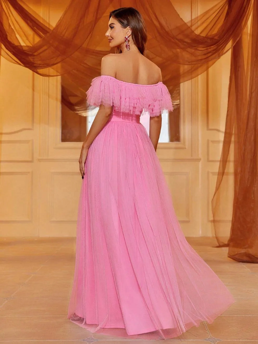 Off Shoulder Ruffle Trim Split Thigh A Line Dress - Elonnashop