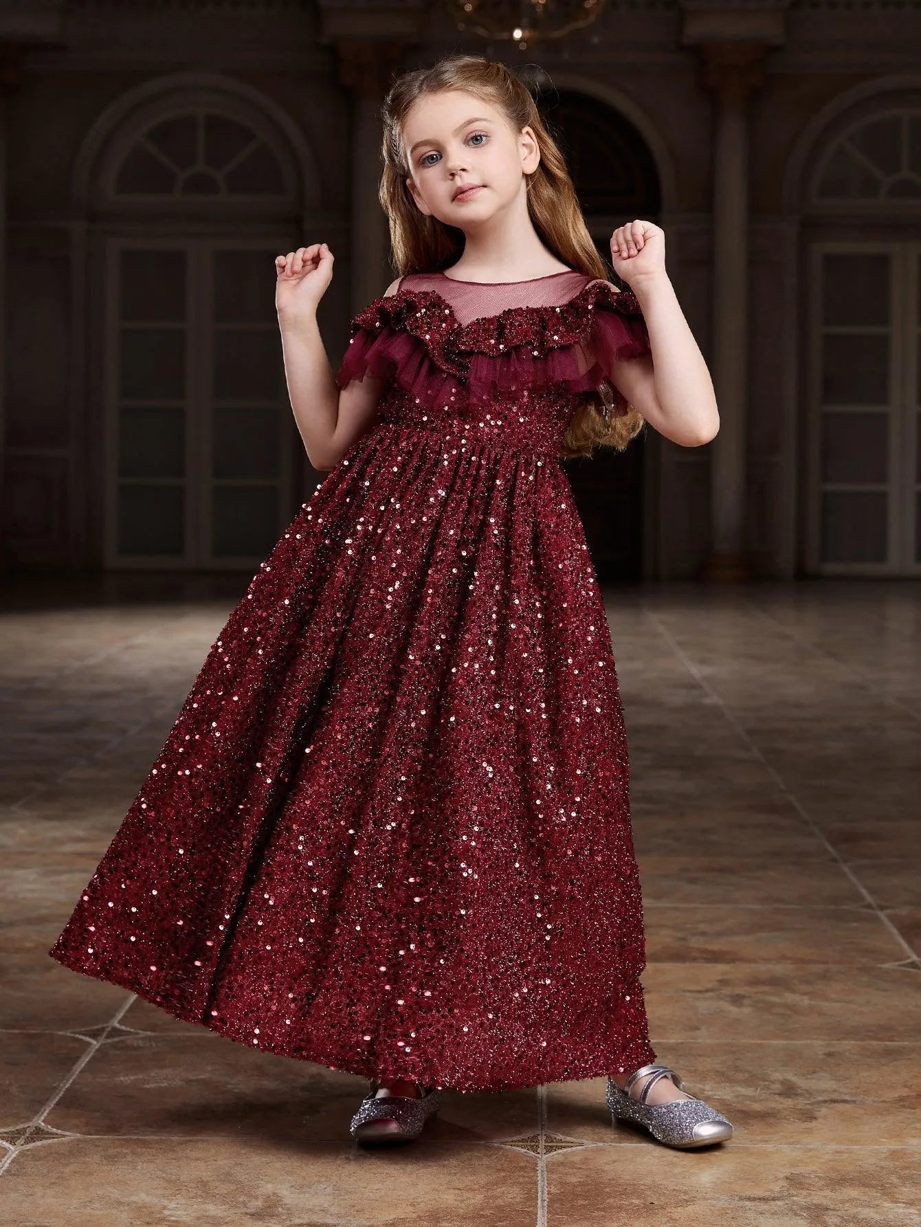 Tween Girls' Ruffle Trim Mesh Insert Sequin Prom Dress - Elonnashop