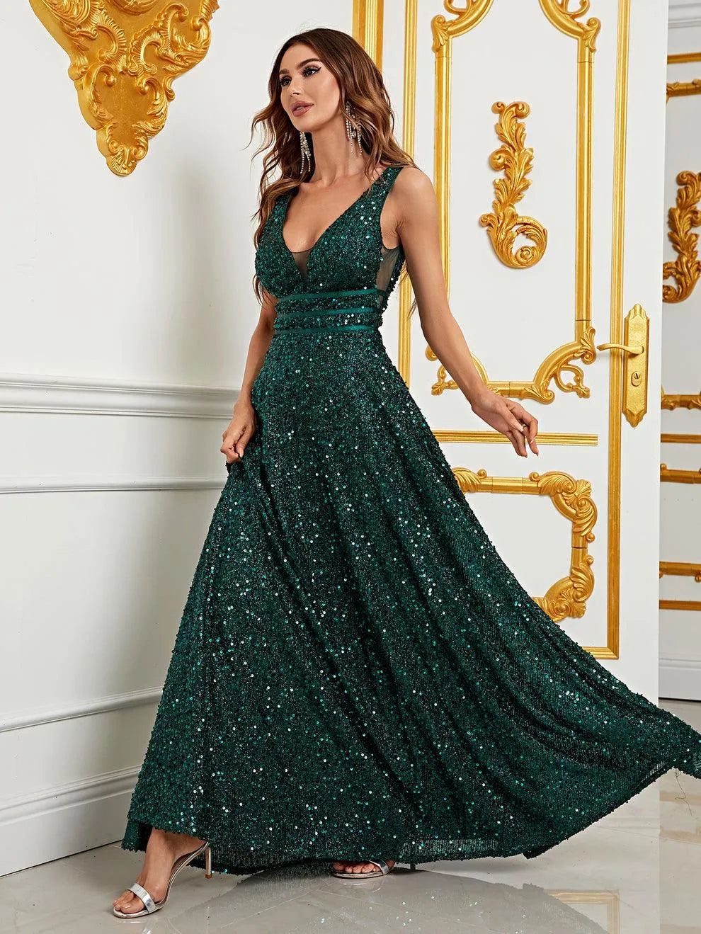 Elegant Deep V Neck Sequin A Line Prom Dresses - Elonnashop