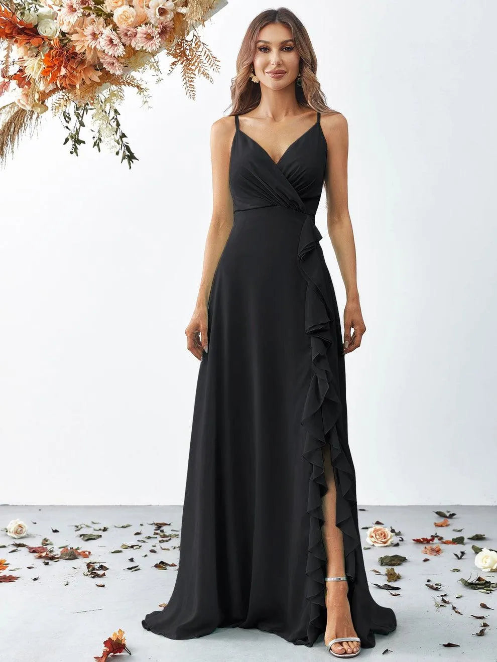 Elegant V Neck Sleeveless Ruffle Slit Chiffon A Line Dresses - Elonnashop