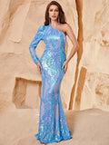 Elegant One Shoulder Long Sleeves Sequin Mermaid Party Dress - Elonnashop