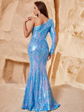 Elegant One Shoulder Long Sleeves Sequin Mermaid Party Dress - Elonnashop